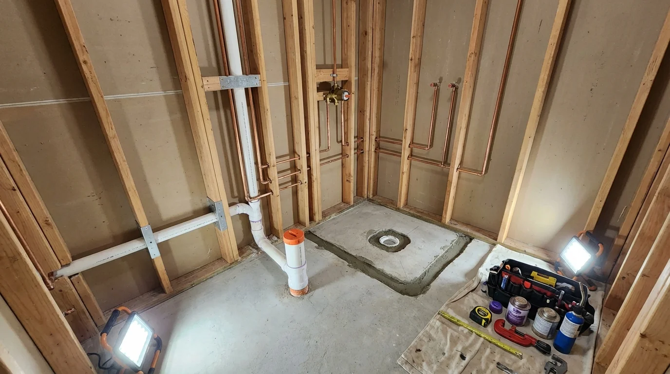 Bathroom rough-in plumbing during remodel by Johns Plumbing LLC in Harlowton