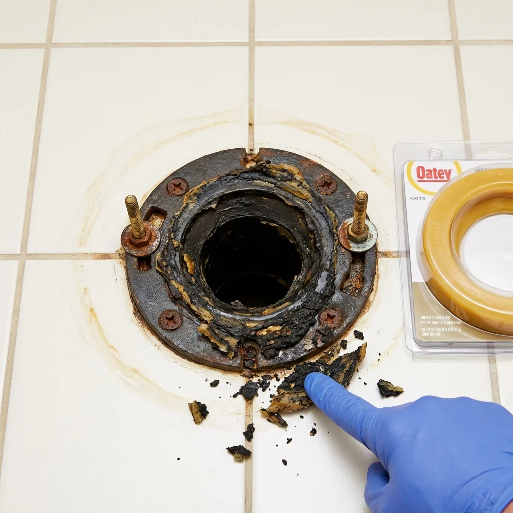 Failed wax ring showing water seepage at the base of a toilet in a Harlowton, MT home