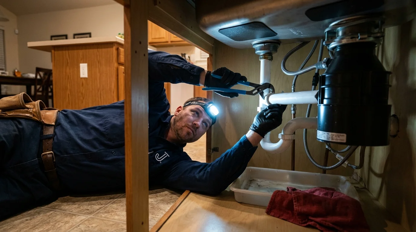 P-trap and supply line connections under a kitchen sink showing a common leak point in Harlowton, MT